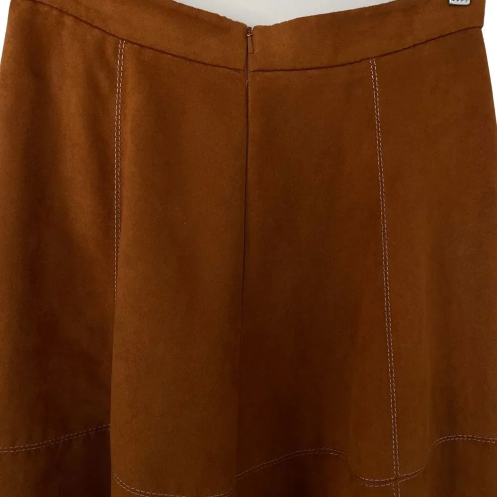Karen Millen Brown Vegan Faux Suede Button Front Western A-Line Skirt Size 8